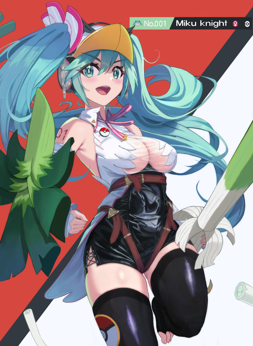 1girl, absurdres, aqua_eyes, aqua_hair, arm_tattoo, bare_shoulders, baseball_cap, belt