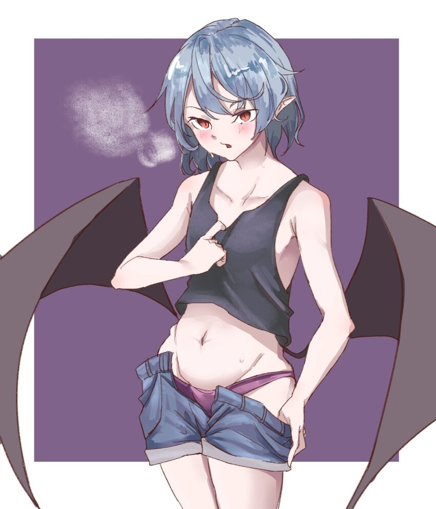 1girl, alternate_costume, bat_wings, black_shirt, black_tank_top, clothes_pull, commentary_request, contemporary