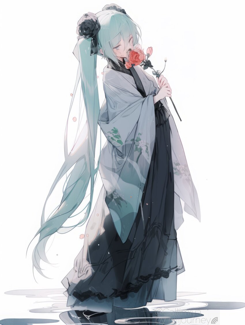 1girl, aqua_eyes, aqua_hair, black_bow, bow, callimiya, flower, hatsune_miku