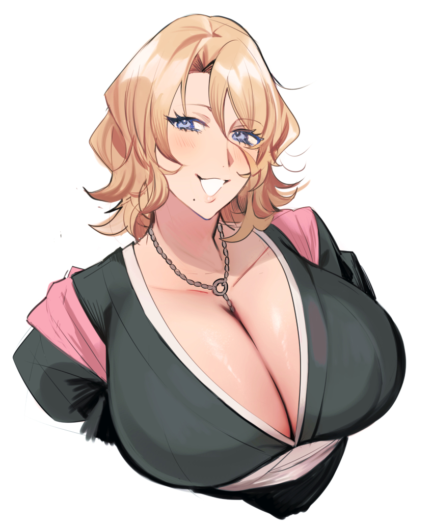 1girl, black_kimono, bleach, bleach:_sennen_kessen-hen, blonde_hair, blue_eyes, blush, breasts
