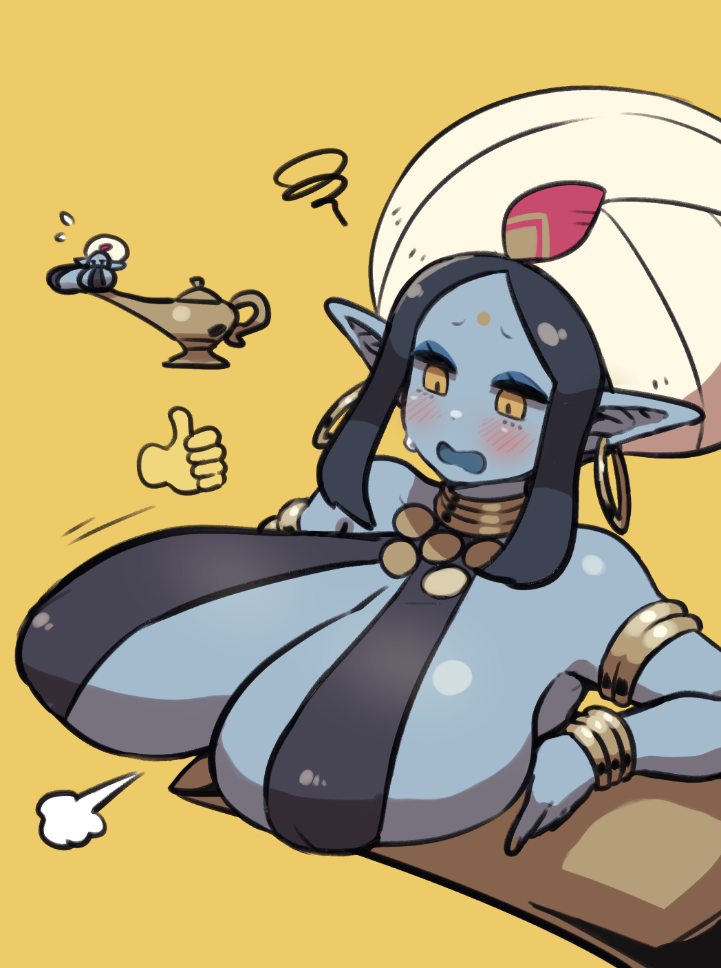 1girl, puff_of_air, alternate_breast_size, bangle, bikini, bikini_top_only, black_hair, blue_skin, blush, bracelet, breasts, colored_skin, earrings, emoji, facial_mark, forehead_mark, genie, genie_(siva-siva), highres, hoop_earrings, huge_breasts, jewelry, jitome, long_pointy_ears, mini_person, minigirl, neck_ring, no_sclera, oil_lamp, original, pointy_ears, shiny_skin, sidelocks, simple_background, siva-siva, squiggle, stuck, swimsuit, thumbs_up_emoji, turban, upper_body, yellow_background