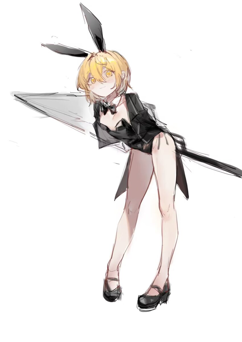 1girl, animal_ears, black_jacket, black_leotard, black_shoes, blonde_hair, closed_mouth, coattails, don_quixote_(project_moon), fake_animal_ears, fructoseies, highres, holding, holding_polearm, holding_weapon, jacket, lance, leaning_forward, leotard, limbus_company, looking_at_viewer, playboy_bunny, polearm, project_moon, rabbit_ears, shoes, short_hair, smile, solo, tailcoat, weapon, yellow_eyes
