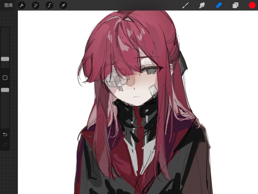 1girl, art_program_in_frame, bandaid, bandaid_on_face, black_bow, black_jacket, bow, fructoseies