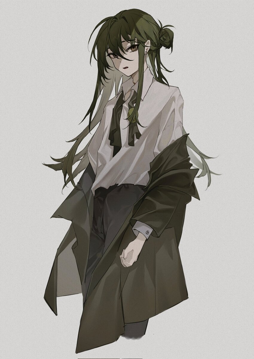 1boy, ascot, black_pants, coat, collared_shirt, corrupted_twitter_file, cropped_legs, green_ascot, green_coat, green_hair, hair_bun, highres, library_of_ruina, long_hair, long_sleeves, netzach_(project_moon), off_shoulder, one_side_up, pants, project_moon, shirt, side_up_bun, simple_background, solo, sona_(lnjixn), trap, undone_ascot, very_long_hair, white_background, white_shirt, yellow_eyes