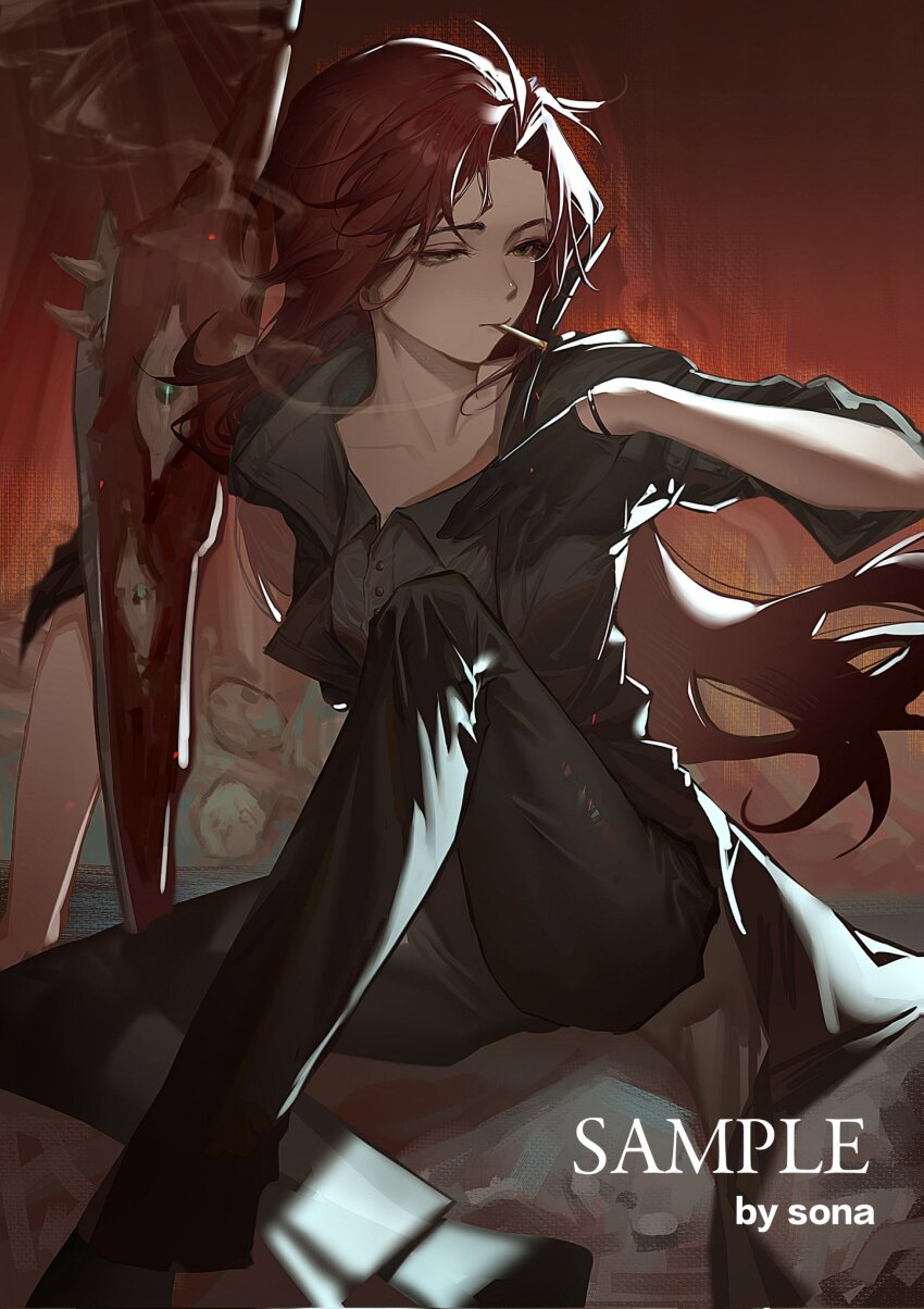 1girl, black_coat, black_gloves, black_pants, black_shirt, cigarette, coat, corrupted_twitter_file