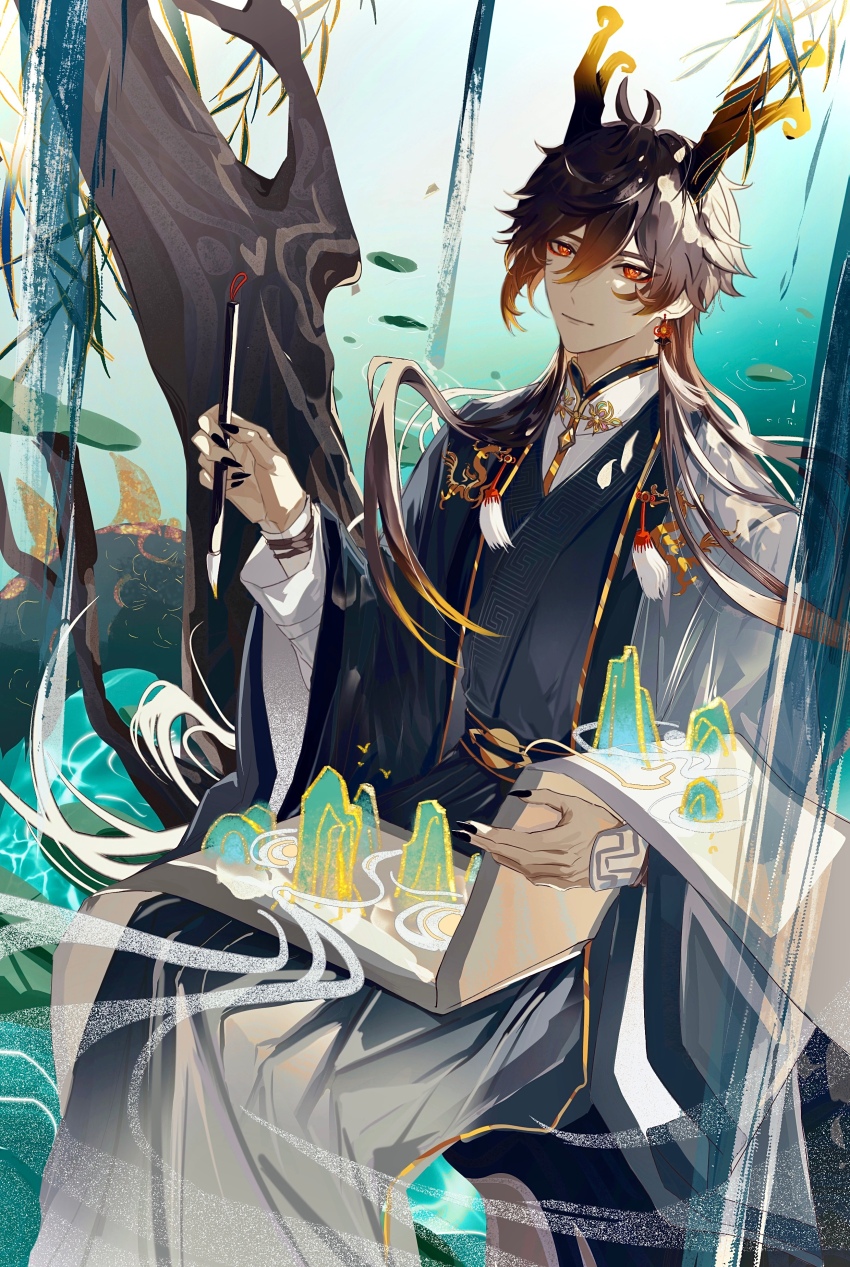 1boy, absurdres, alternate_costume, chinese_clothes, dragon_horns, genshin_impact, highres, holding