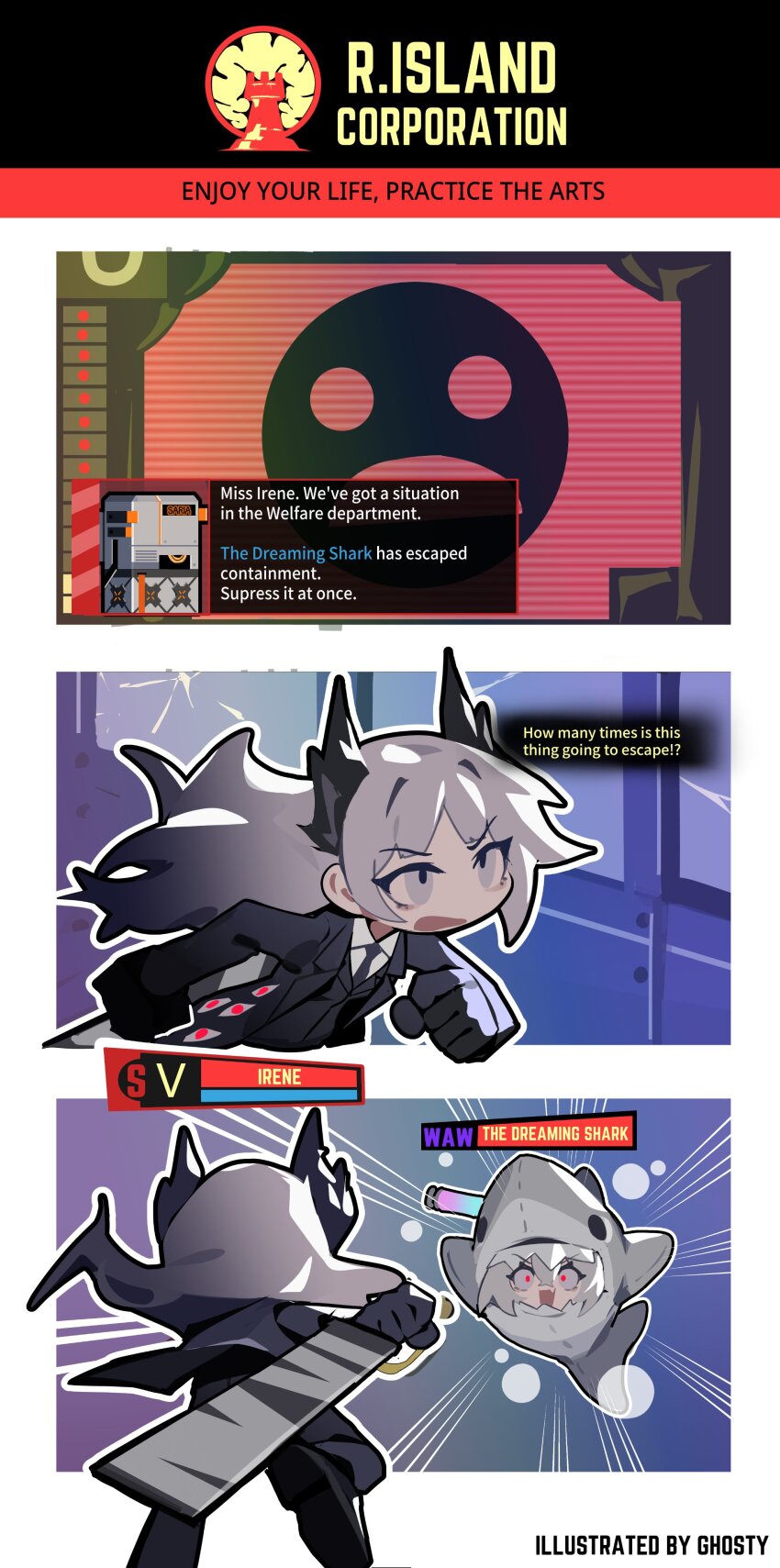 2girls, absurdres, animal_costume, arknights, attack, black_coat, black_footwear, black_pants, coat, crossover, e.g.o_(project_moon), english_text, gameplay_mechanics, ghost_(tama), grey_eyes, grey_hair, head_wings, highres, holding, holding_sword, holding_weapon, irene_(arknights), lobotomy_corporation, long_hair, long_sleeves, multiple_girls, open_mouth, pants, project_moon, red_eyes_(e.g.o), robot, running, saria_(arknights), shark_costume, sharp_teeth, shirt, shoes, specter_(arknights), specter_the_unchained_(arknights), sword, syringe, teeth, the_dreaming_current, very_long_hair, weapon, white_hair, white_shirt, wings