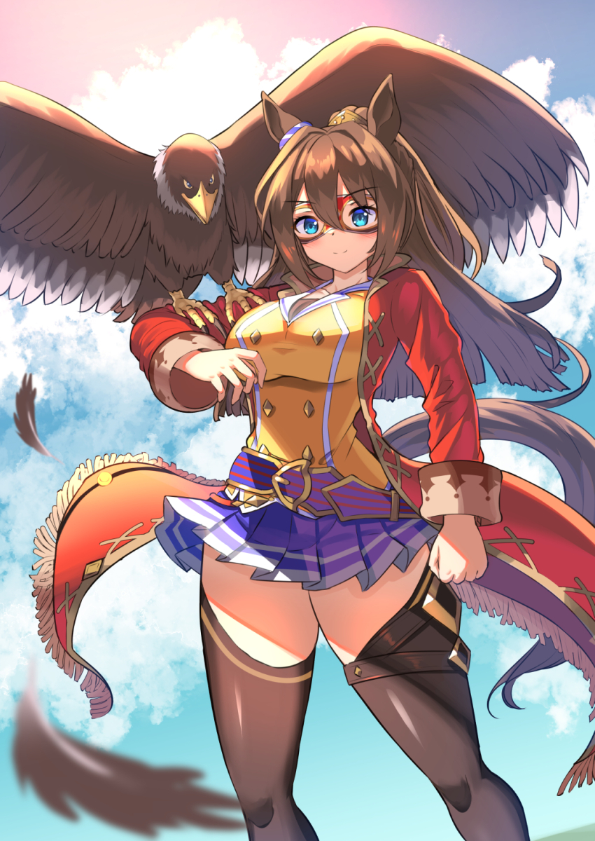 1girl, animal_ears, bird, black_thighhighs, blue_eyes, blue_sky, breasts, brown_hair