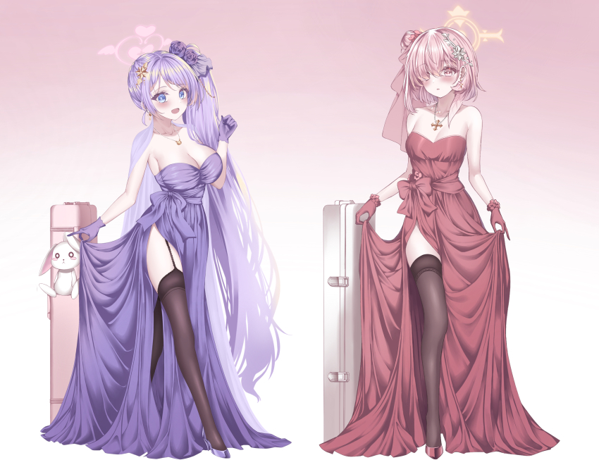 2girls, alternate_costume, alternate_hairstyle, amerika_neko, bare_arms, bare_shoulders, black_ribbon, black_thighhighs