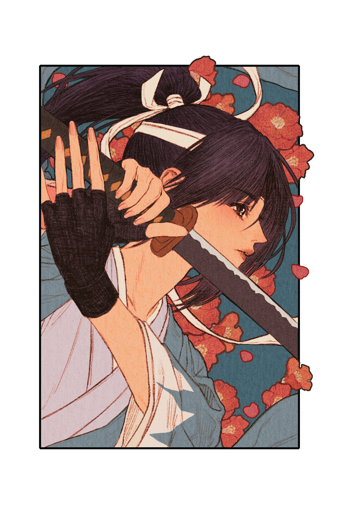 1boy, black_gloves, black_hair, blue_background, blue_kimono, expressionless, fingerless_gloves, flower