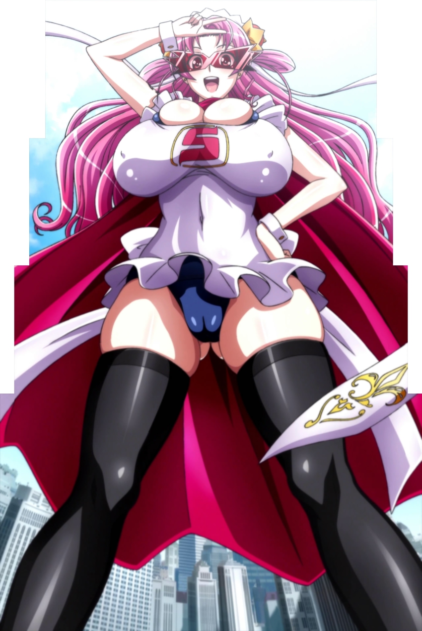 1girl, absurdres, anime_screenshot, apron, arm_up, breasts, bursting_breasts, cameltoe, cape, city, cleavage, covered_erect_nipples, curvy, female_focus, from_below, gluteal_fold, hand_on_own_hip, happy, highres, huge_breasts, large_breasts, open_mouth, pink_hair, plump, seikon_no_qwaser, skindentation, solo, standing, stitched, sunglasses, superhero_costume, thick_thighs, thighhighs, thighs, third-party_edit, tsujidou_miyuri, v