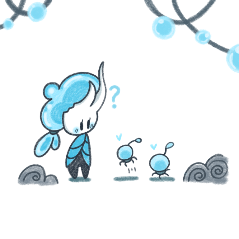 1other, ?, alternate_form, black_eyes, black_skin, blank_eyes, blue_cloak, blue_hair, blush, blush_stickers, broken_vessel_(hollow_knight), cloak, colored_skin, full_body, heart, hollow_knight, jumping, lifeseed_(hollow_knight), long_hair, looking_at_another, looking_down, low-tied_long_hair, motion_lines, other_focus, ponytail, sakana_2-gou, simple_background, sketch, solid_oval_eyes, standing, white_background