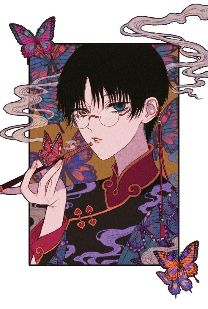 1boy, animal_print, black_hair, blue_eyes, bug, butterfly, butterfly_print, chinese_clothes
