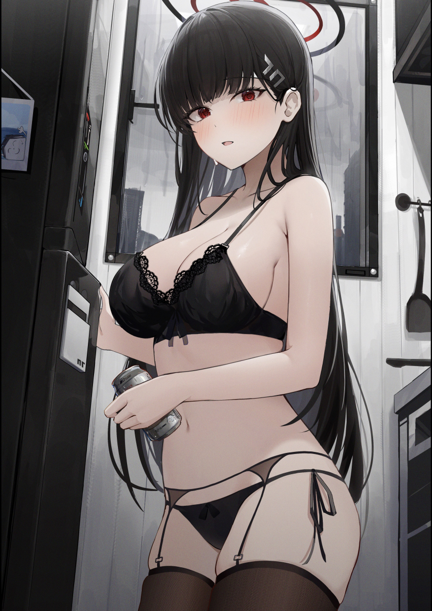 1girl, absurdres, amiamie, black_bra, black_garter_belt, black_hair, black_panties, blue_archive, blush, bra, breasts, can, cleavage, doodle_sensei_(blue_archive), garter_belt, halo, highres, holding, holding_can, indoors, kitchen, large_breasts, long_hair, looking_at_viewer, panties, red_eyes, refrigerator, rio_(blue_archive), sensei_(blue_archive), side-tie_panties, solo, straight_hair, underwear, underwear_only, very_long_hair