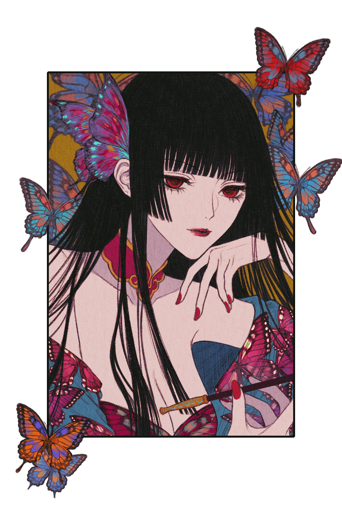 1girl, animal_print, black_hair, bug, butterfly, butterfly_hair_ornament, butterfly_print, choker, dress, hair_ornament, hand_on_own_face, holding, holding_smoking_pipe, ichihara_yuuko, insect, light_smile, lipstick, long_hair, makeup, nail_polish, red_choker, red_eyes, red_lips, red_nails, robe, ry1115275908, smile, smoking_pipe, solo, straight_hair, xxxholic, yellow_background