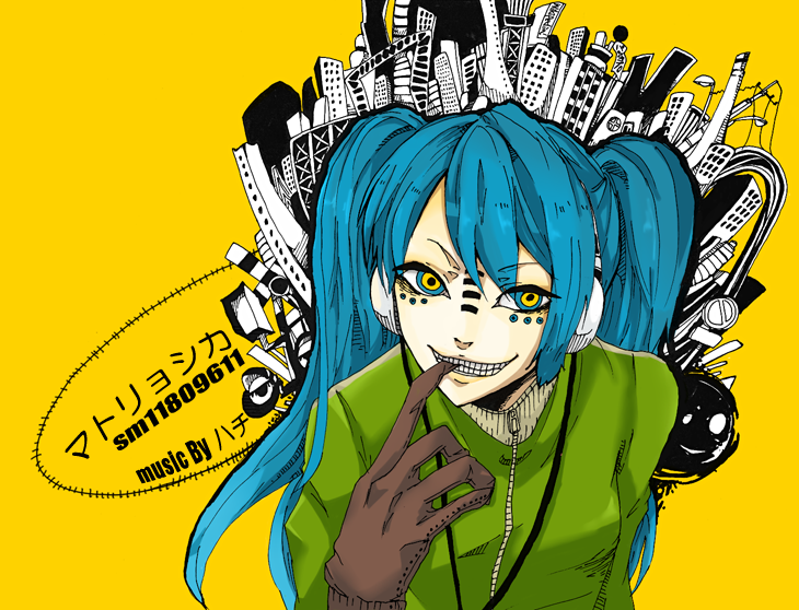 1girl, aqua_hair, bad_id, bad_pixiv_id, blue_hair, blue_theme, female_focus, finger_in_own_mouth, gloves, hatsune_miku, long_hair, matryoshka_(vocaloid), multicolored_eyes, partially_colored, simennsoka, smile, solo, twintails, vocaloid, yellow_theme