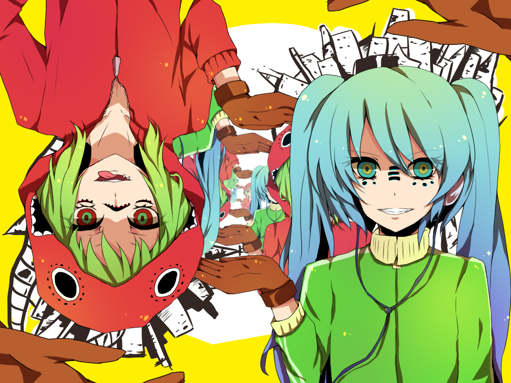 2girls, aqua_hair, bad_id, bad_pixiv_id, gloves, green_hair, gumi, hatsune_miku