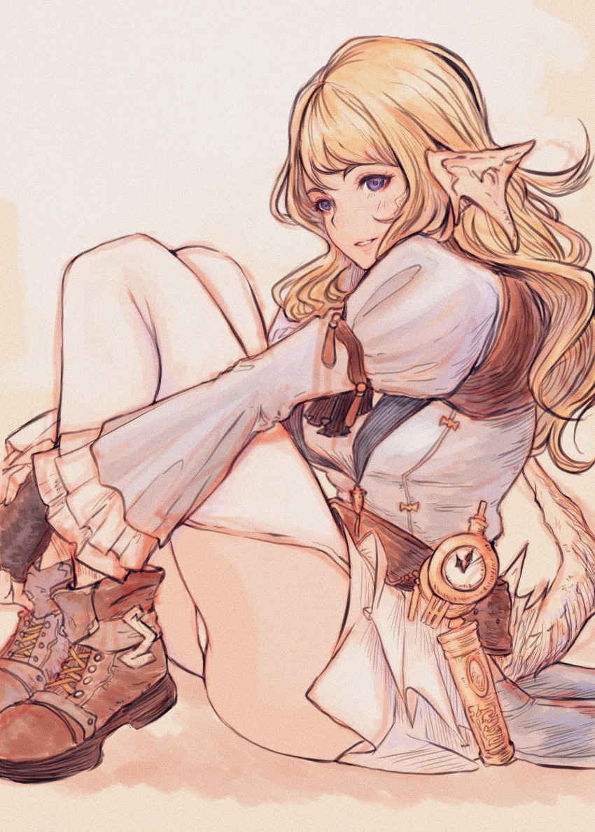 1girl, absurdres, au_ra, blonde_hair, boots, clock, fingerless_gloves, fins, gloves, gusty10rk, highres, horns, hugging_own_legs, long_hair, mikoto_(ff14), panties, purple_eyes, sitting, smile, solo, underwear