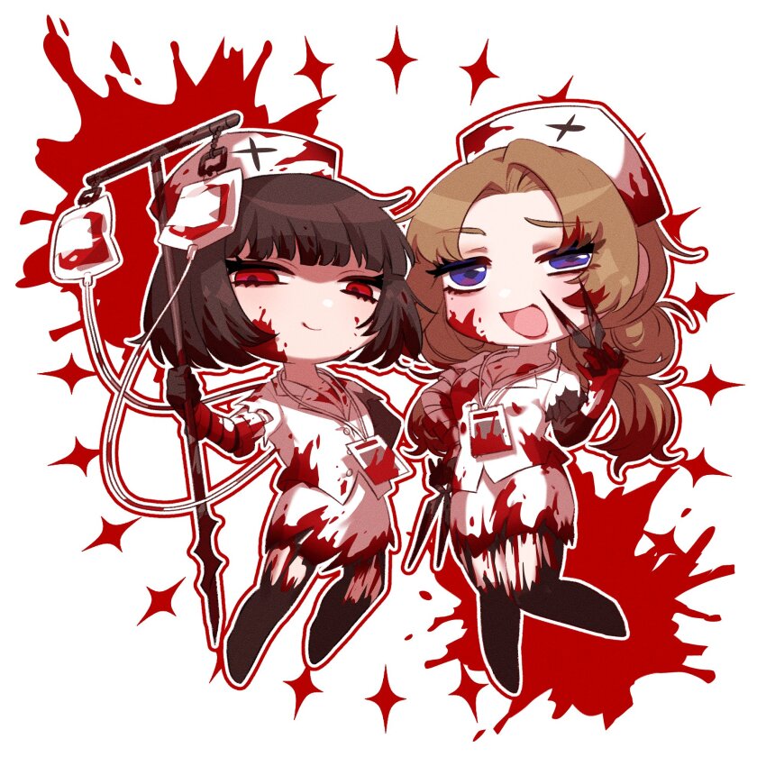 2girls, bandages, black_hair, blood, blood_bag, blood_on_clothes, blood_on_face, bloody_weapon