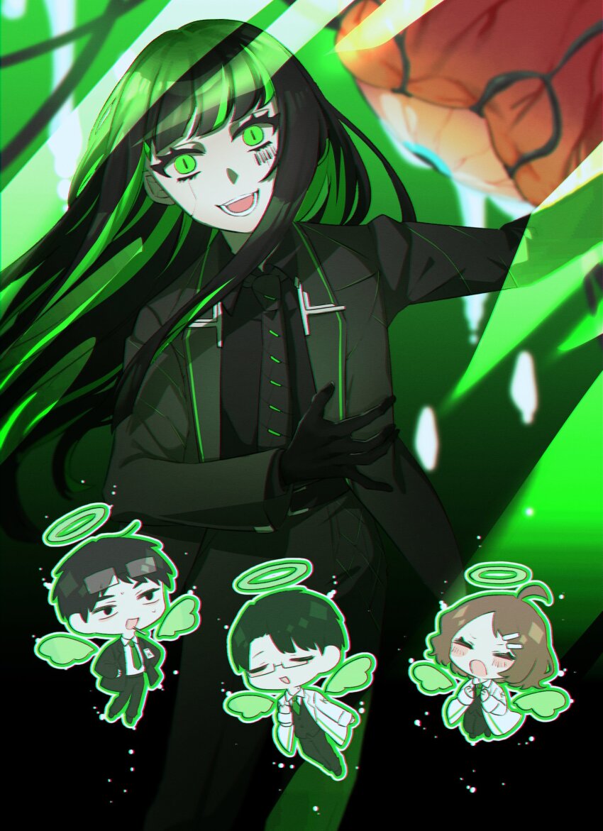 2boys, 2girls, ahoge, alfonso_(project_moon), angel_wings, barcode, barcode_tattoo, black_coat