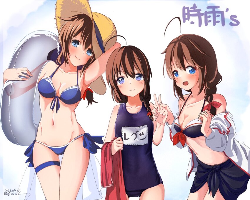 3girls, bikini, black_bikini, black_one-piece_swimsuit, blue_bikini, blue_eyes, blush, braid