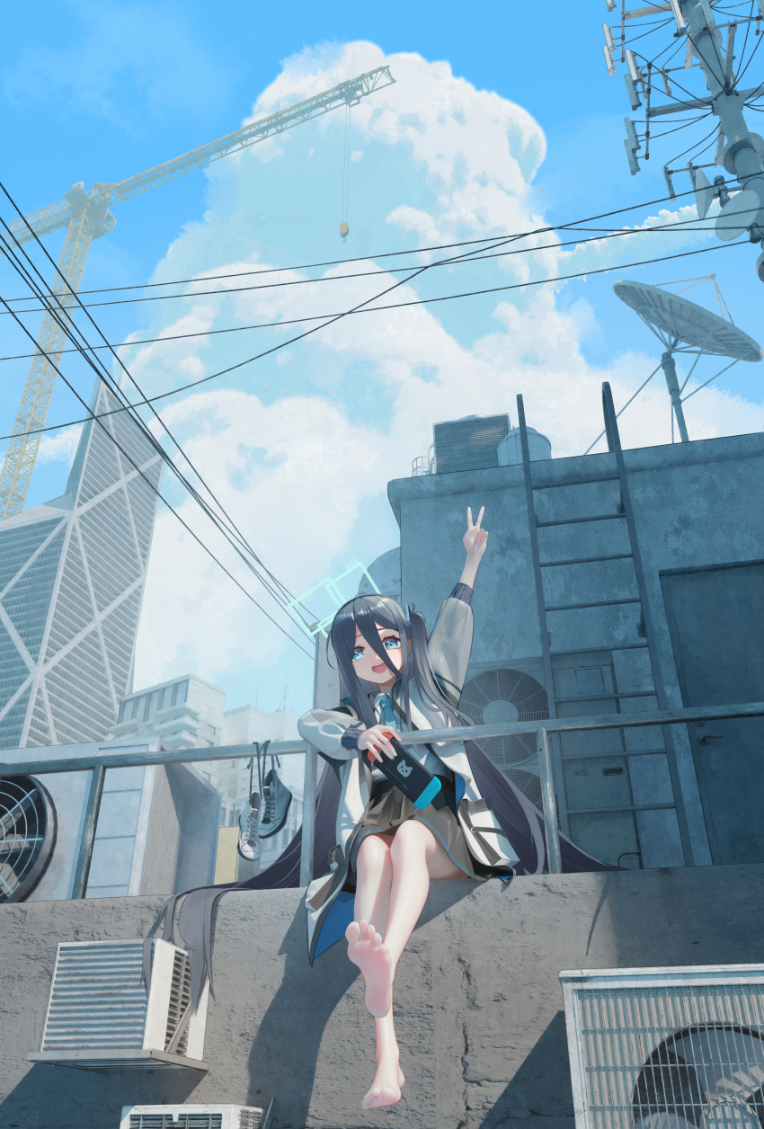 1girl, absurdres, air_conditioner, aris_(blue_archive), arm_up, barefoot, black_hair, black_skirt
