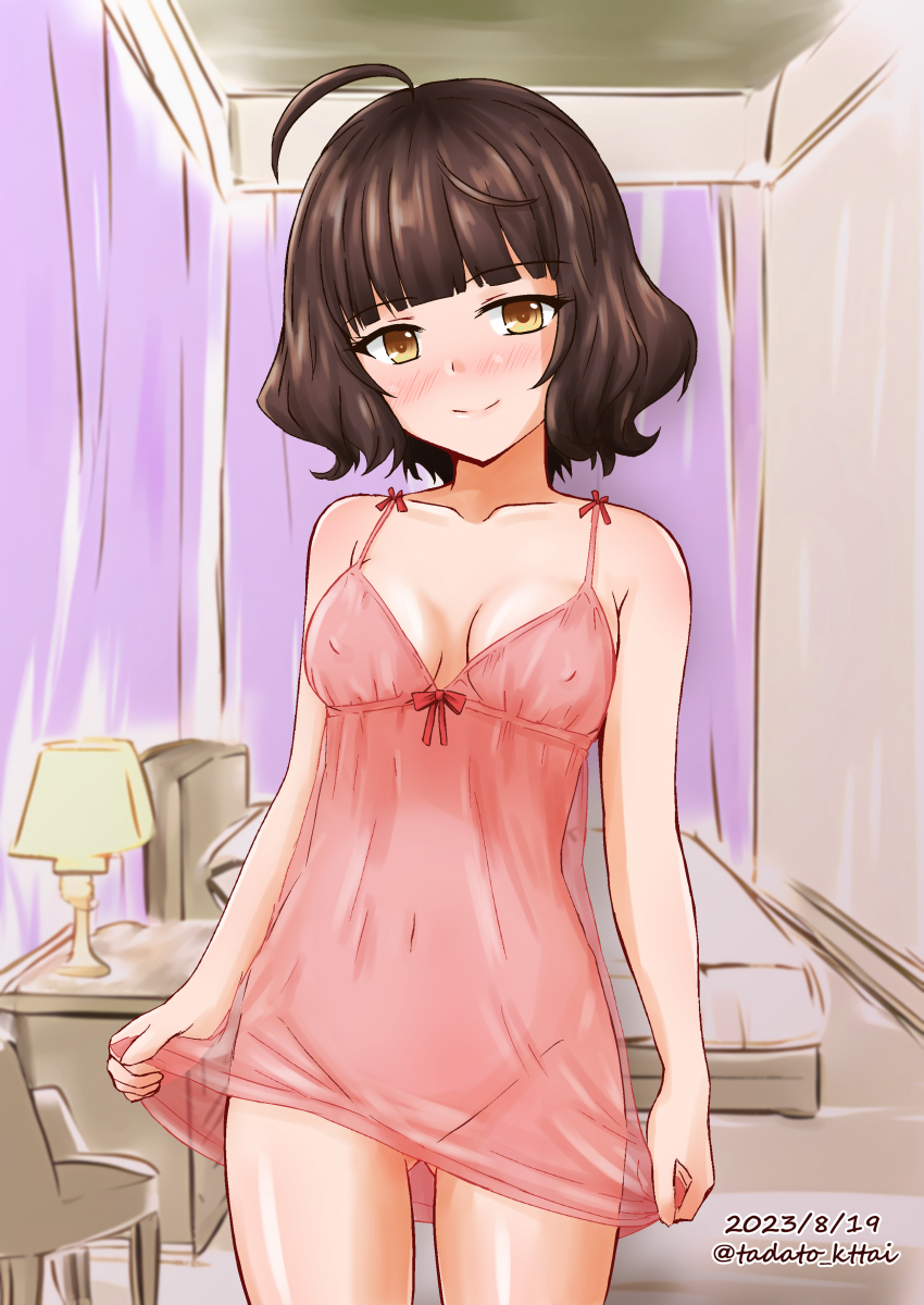 1girl, absurdres, ahoge, black_hair, blunt_bangs, brown_eyes, covered_erect_nipples, cowboy_shot, dated, desk, dress, highres, holding_own_dress, kamiya_tadato, kantai_collection, kishinami_(kancolle), lingerie, negligee, one-hour_drawing_challenge, pink_dress, see-through_clothes, short_hair, smile, solo, standing, table, twitter_username, underwear, wavy_hair