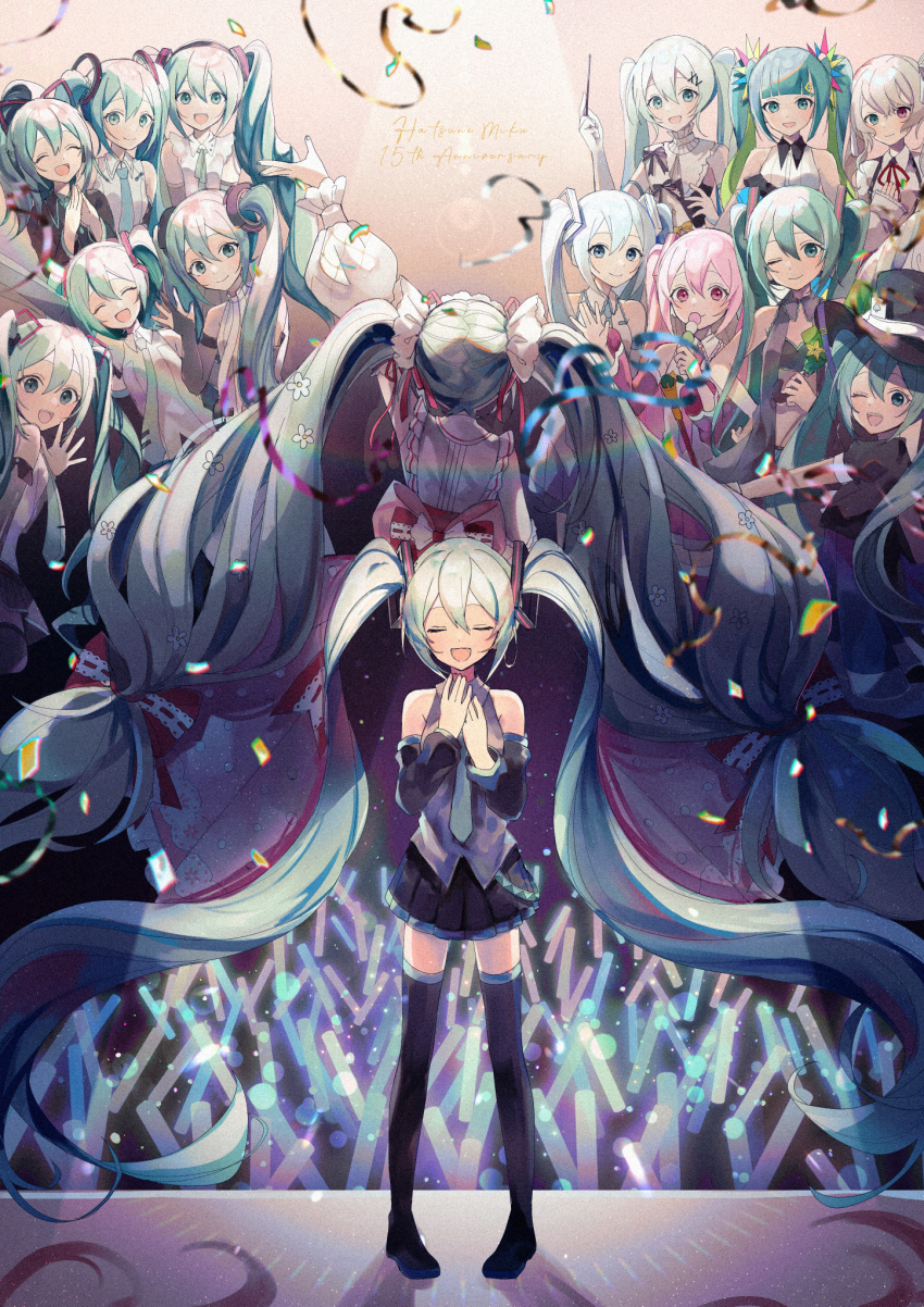 25-ji_miku, 6+girls, :d, ;d, anniversary, aqua_eyes, aqua_hair, aqua_nails