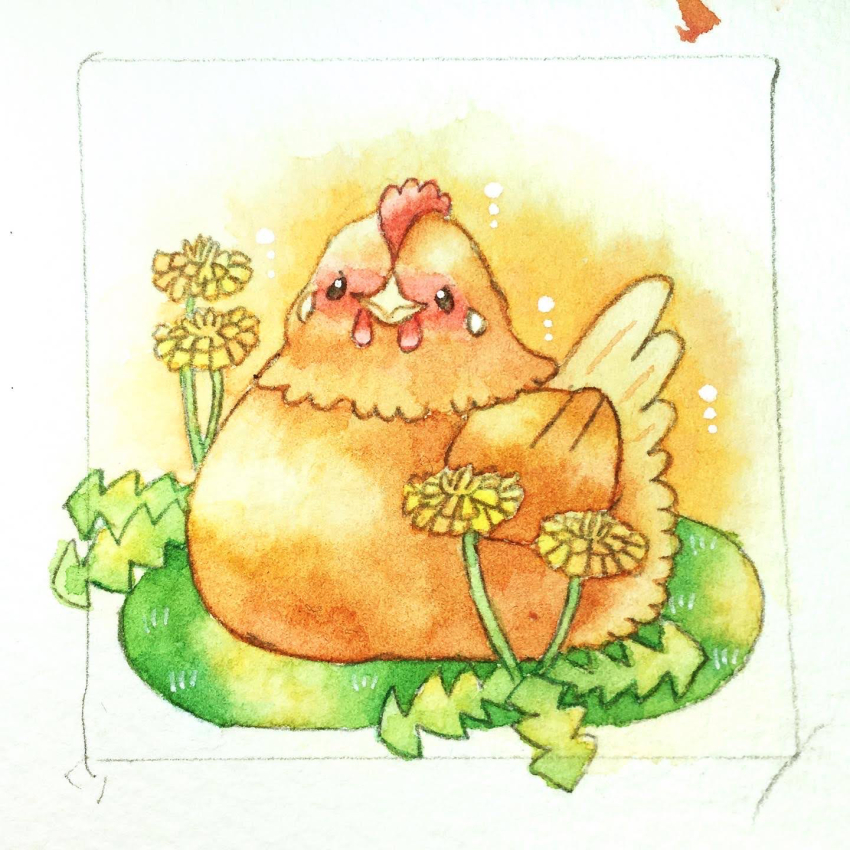 animal, animal_focus, bird, black_eyes, border, brown_feathers, chako_(parusminor30), chicken, closed_mouth, dandelion, feathers, flower, grass, highres, no_humans, on_ground, original, painting_(medium), sitting, solo, traditional_media, watercolor_(medium), white_border