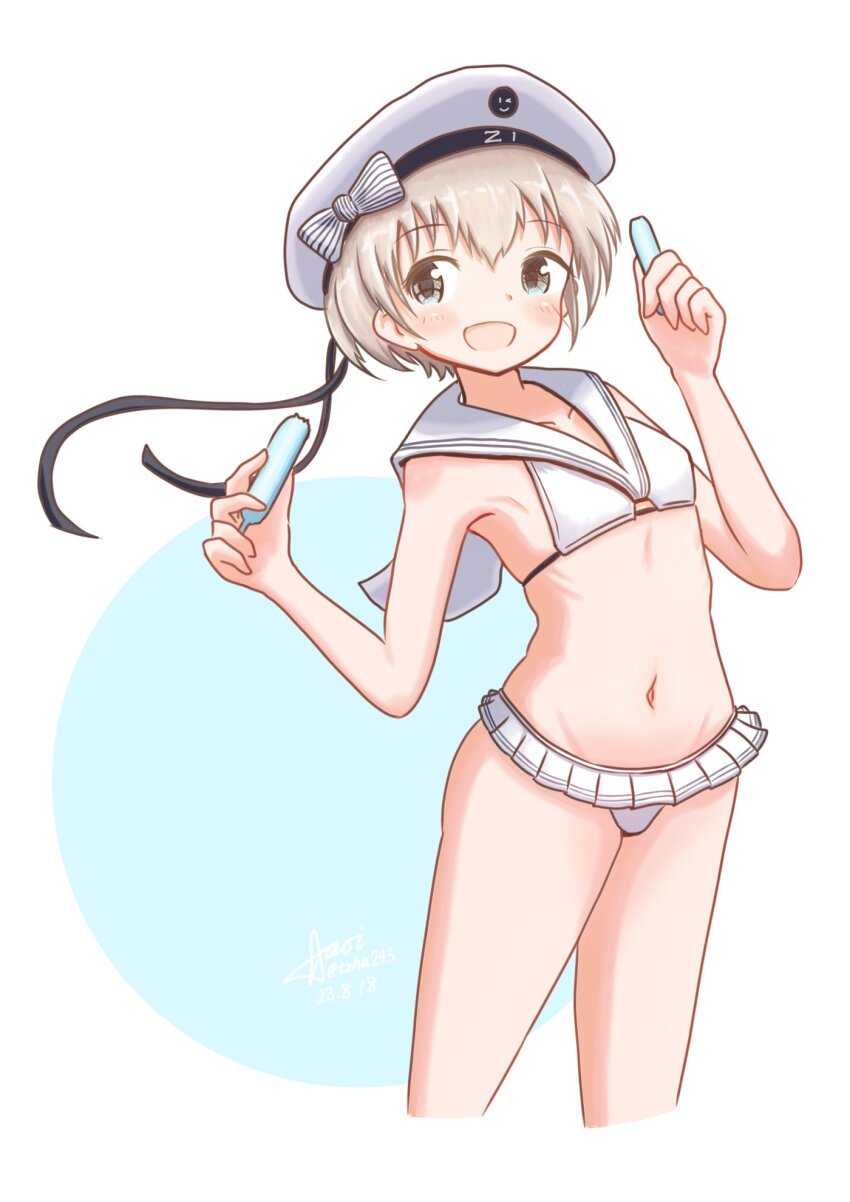 aaoi, bikini, bikini_skirt, breasts, brown_eyes, feet_out_of_frame, grey_hair, hat