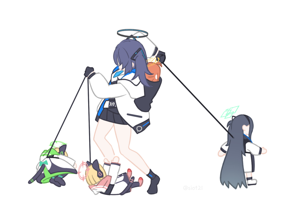 5girls, ahoge, animal_ear_headphones, animal_ears, animal_hood, aris_(blue_archive), arm_up, arms_up, baby_carrier, babysitter, black_coat, black_footwear, black_gloves, black_hair, black_jacket, black_skirt, blazer, blue_archive, blue_necktie, cat_ear_headphones, cat_ears, cat_hood, cat_tail, coat, commentary, faceless, faceless_female, fake_animal_ears, fake_tail, from_side, full_body, gloves, green_coat, hair_ornament, halo, headphones, holding, holding_leash, hood, hood_down, jacket, leash, long_hair, long_sleeves, lying, meme, midori_(blue_archive), mildtaste, momoi_(blue_archive), multicolored_coat, multiple_girls, necktie, on_back, on_floor, on_side, one_side_up, orange_hair, pink_coat, pink_shoes, pleated_skirt, reaching, rough_day_for_mom_(meme), shoes, siblings, simple_background, sisters, skirt, standing, untranslatable_commentary, tail, twitter_username, two_side_up, very_long_hair, white_background, white_coat, white_footwear, yamcha_pose_(meme), yuuka_(blue_archive), yuzu_(blue_archive)