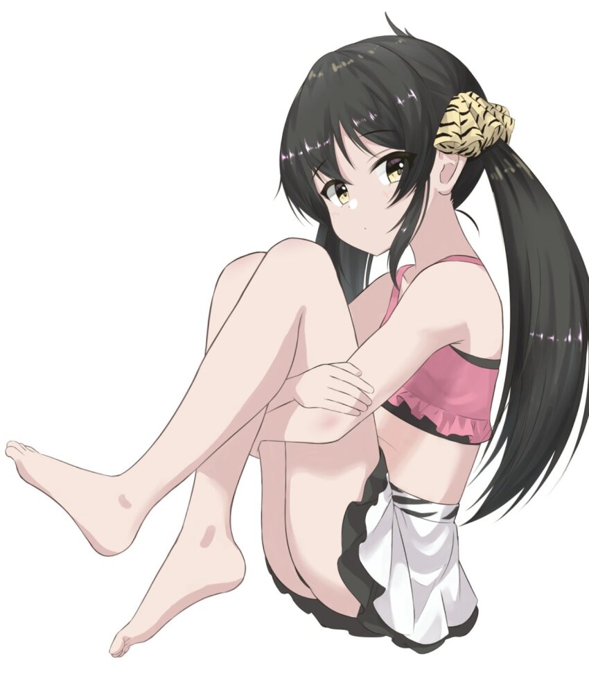 1girl, animal_print, armpits, ass, bare_shoulders, barefoot, black_hair, black_panties, closed_mouth, crop_top, dot_mouth, feet, feet_up, female_focus, flat_chest, from_side, full_body, gyaru, hair_between_eyes, hair_ornament, highres, hugging_own_legs, idolmaster, idolmaster_cinderella_girls, idolmaster_cinderella_girls_u149, invisible_chair, knees_to_chest, legs, leopard_print, loli, long_hair, long_twintails, looking_at_viewer, looking_to_the_side, matoba_risa, midriff, minamoto0408, miniskirt, namco, navel, neck, panties, panty_peek, pink_shirt, sandals, shirt, sidelocks, simple_background, sitting, skirt, soles, thighs, toenails, toes, turning_head, twintails, underwear, unworn_sandals, upskirt, very_long_hair, white_background, white_skirt, yellow_eyes