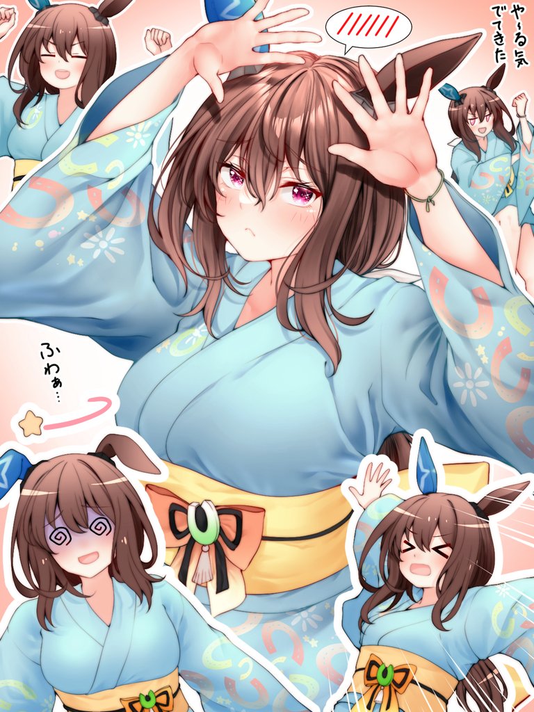 >_<, 1girl, @_@, admire_vega_(umamusume), animal_ears, blue_kimono, blush, brown_hair