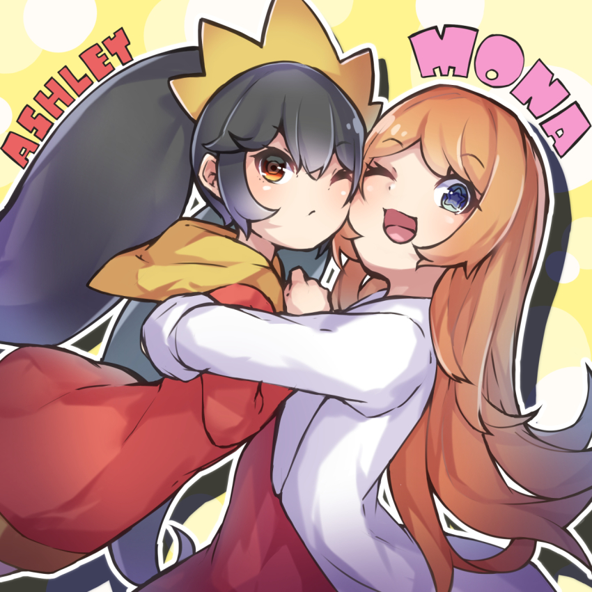 2girls, ashley_(warioware), black_hair, character_name, dress, green_eyes, highres, hug, jacket, long_hair, mona_(warioware), multiple_girls, nintendo, orange_eyes, orange_hair, takoyakiking7, twintails, very_long_hair, warioware