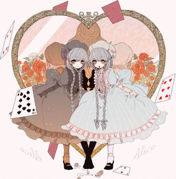 10s, 2girls, alice_(fate), ame_(96berd), bad_id, bad_pixiv_id, braid, card, caster_(alice), child, dress, fate/extra, fate/stay_night, fate_(series), floating_card, flower, frills, hat, heart, kishinami_hakuno_(female), long_hair, mirror, multicolored_flower, multicolored_rose, multiple_girls, nursery_rhyme_(fate), nursery_rhyme_(fate/grand_order), playing_card, red_flower, red_rose, rose, very_long_hair