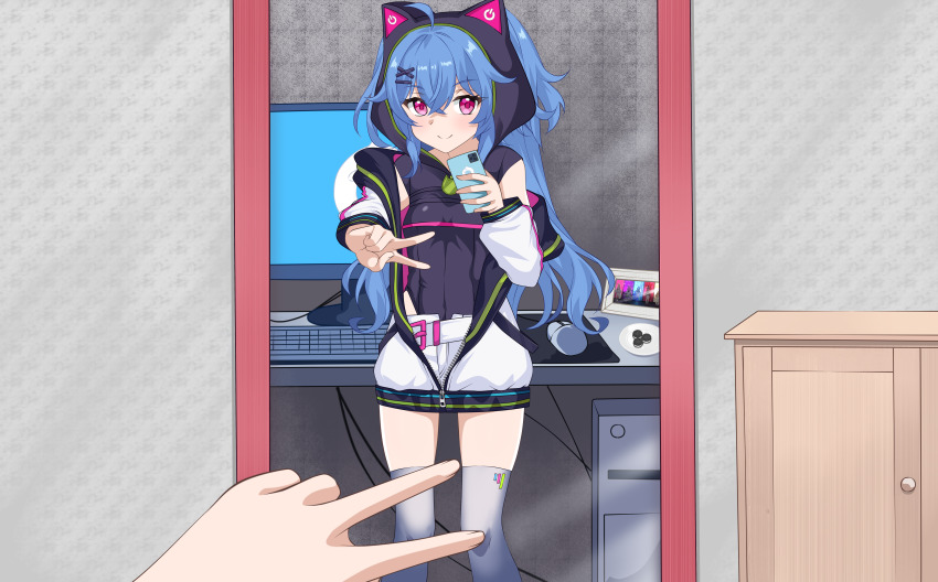 1girl, absurdres, animal_ears, belt, blue_hair, cellphone, chiaki_katsumi, commission, desk, drawing_(object), fake_animal_ears, hair_ornament, hairclip, highres, holding, holding_phone, hood, hoodie, jacket, kiniro_tofu, monitor, phone, pink_eyes, pixellink, plate, selfie, smartphone, thighhighs, thighs, v, virtual_youtuber, zipper