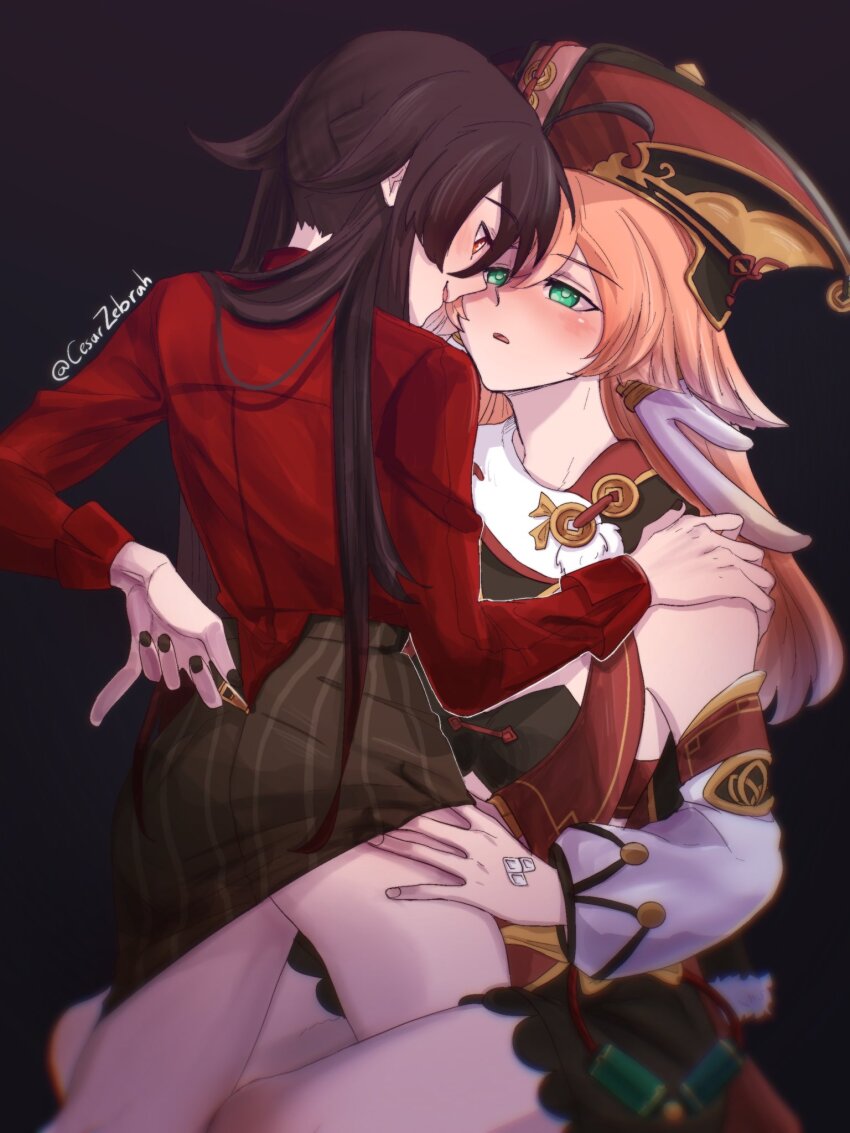 2girls, antlers, blush, brown_hair, cesar_zebrah, clothes_lift, genshin_impact, half-closed_eyes