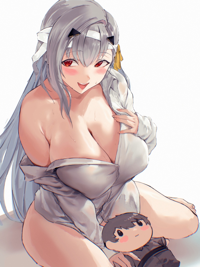 1girl, absurdres, bandaged_head, bandages, bare_legs, barefoot, between_legs, blush