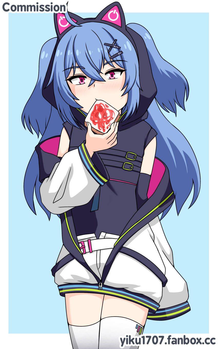 1girl, absurdres, animal_ears, artist_name, belt, blue_hair, blush, blush_stickers