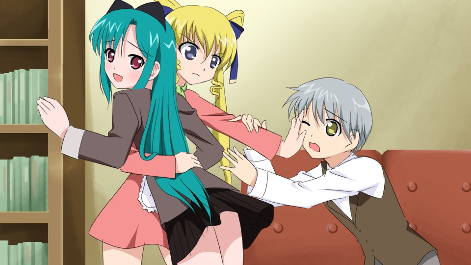 00s, 2girls, blonde_hair, blue_eyes, bookshelf, green_eyes, green_hair, grey_hair