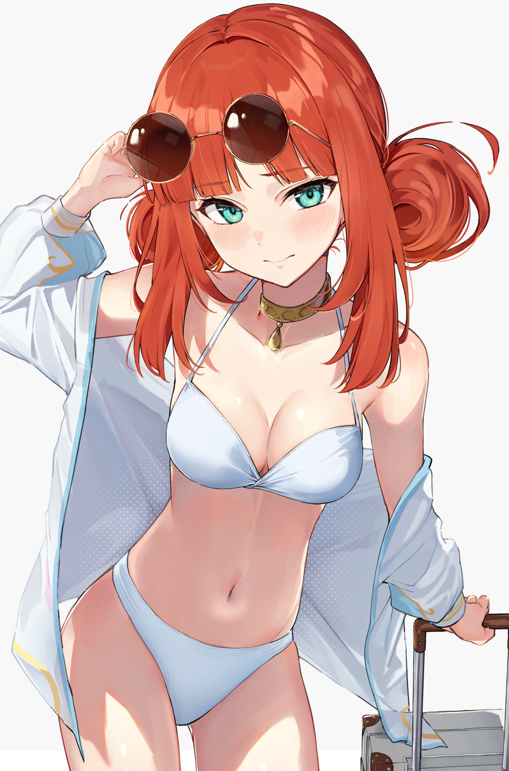 1girl, adjusting_eyewear, alternate_costume, alternate_hairstyle, aqua_eyes, auui, bikini, breasts