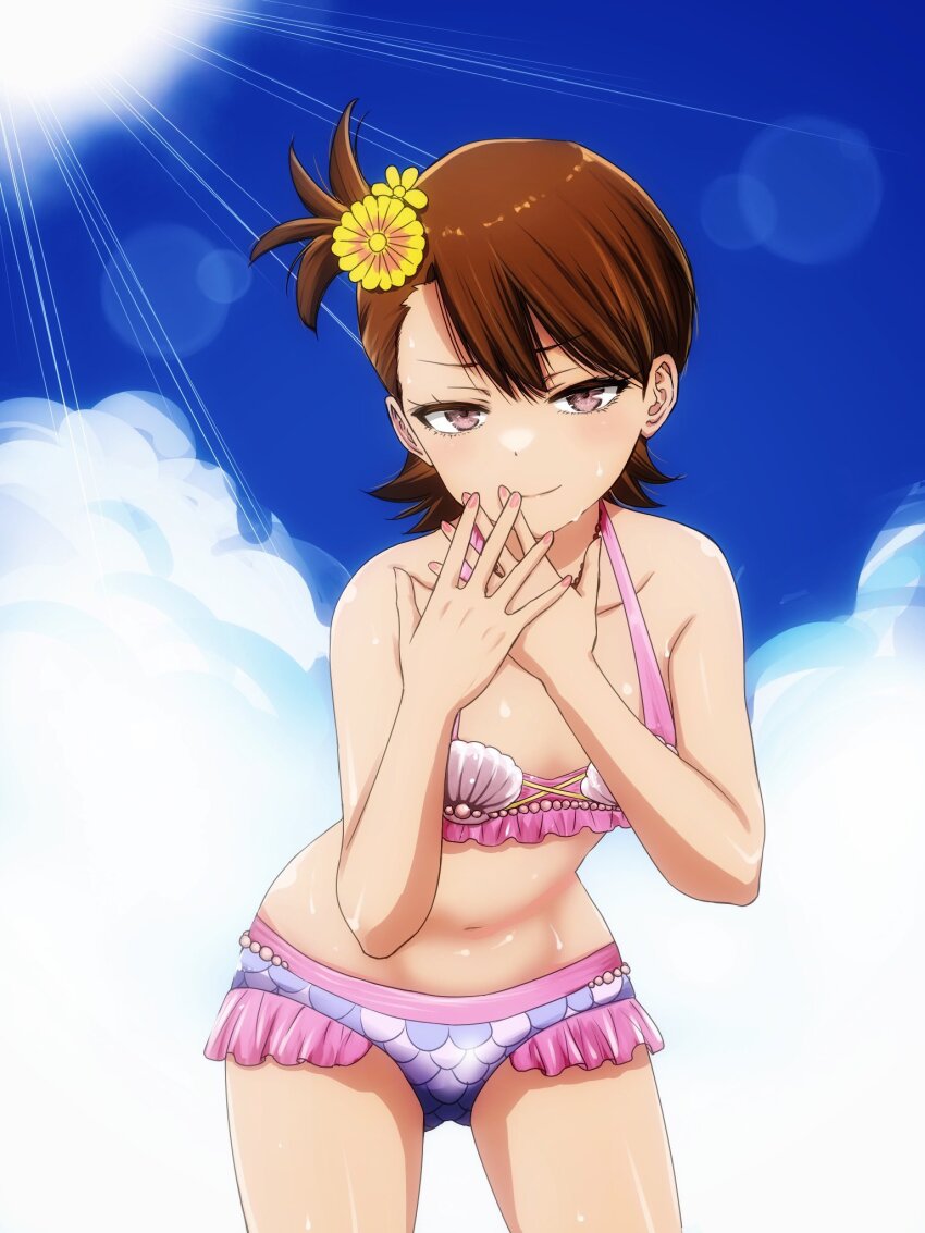 1girl, bare_shoulders, bikini, blue_sky, blush, breasts, brown_eyes, brown_hair, closed_mouth, cloud, collarbone, cowboy_shot, dot_nose, flower, frilled_bikini, frills, futami_ami, hair_flower, hair_ornament, hands_up, highres, idolmaster, idolmaster_(classic), idolmaster_million_live!, idolmaster_million_live!_theater_days, leaning_forward, lens_flare, looking_at_viewer, matcha_kingyo, nail_polish, navel, open_hands, pink_bikini, pink_nails, shell, shell_bikini, short_hair, side_ponytail, sky, small_breasts, smile, solo, standing, sun, sunlight, swimsuit, v-shaped_eyebrows, wet, yellow_flower