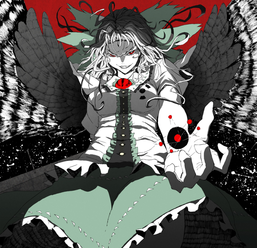 1girl, black_hair, bow, cape, evil_grin, evil_smile, eye_focus, female_focus