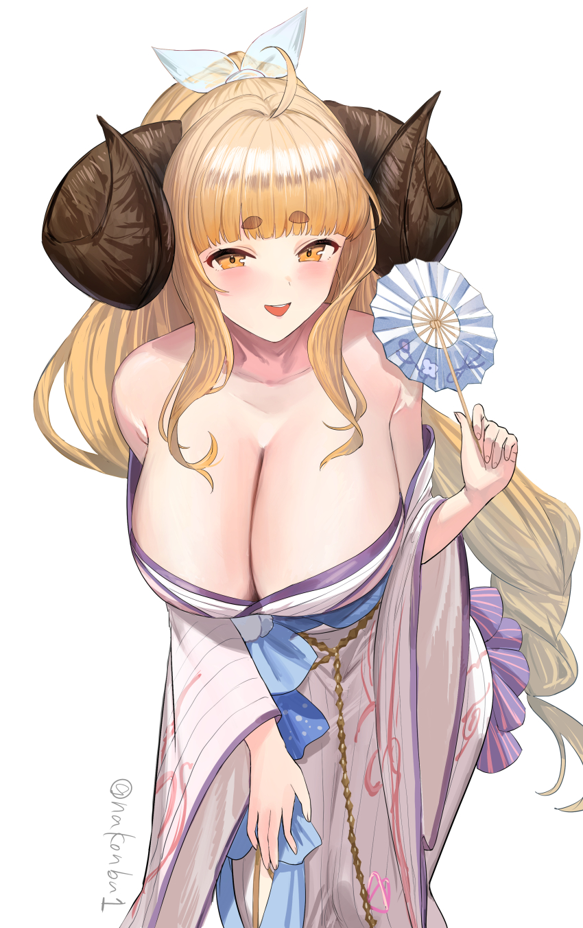 1girl, absurdres, ahoge, anila_(granblue_fantasy), anila_(yukata)_(granblue_fantasy), bare_shoulders, blonde_hair, blunt_bangs