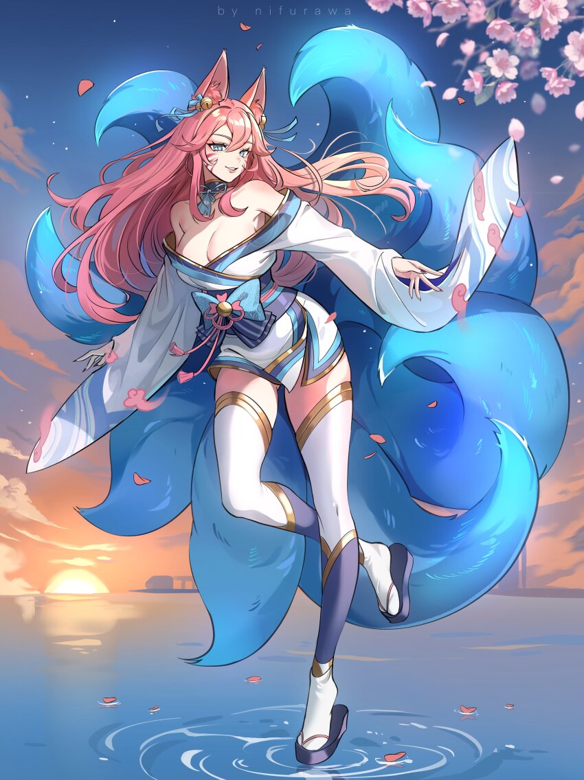 1girl, absurdres, ahri_(league_of_legends), animal_ear_fluff, animal_ears, artist_name, bell, blue_eyes, breasts, cherry_blossoms, cleavage, cloud, commentary, commission, english_commentary, facial_mark, falling_petals, fingernails, fox_ears, fox_girl, fox_tail, full_body, hair_between_eyes, highres, large_breasts, leaf, league_of_legends, long_hair, looking_at_viewer, multiple_tails, nail_polish, nifurawa, official_alternate_costume, official_alternate_hairstyle, outdoors, parted_lips, petals, pink_hair, red_nails, sandals, sharp_fingernails, sky, smile, solo, spirit_blossom_ahri, standing, standing_on_one_leg, sunset, tail, thighhighs, water, whisker_markings, white_thighhighs, wide_sleeves