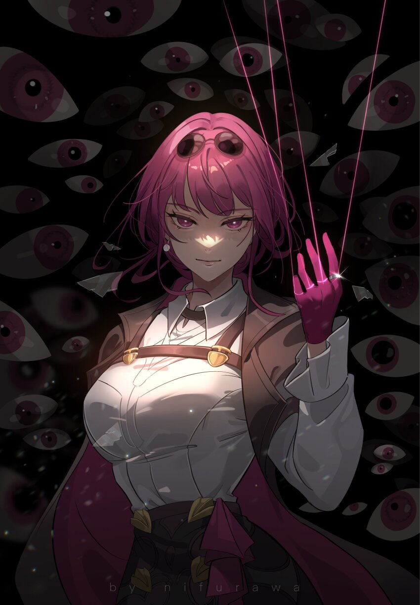 1girl, absurdres, artist_name, black_jacket, black_shorts, breasts, broken_glass, chest_harness