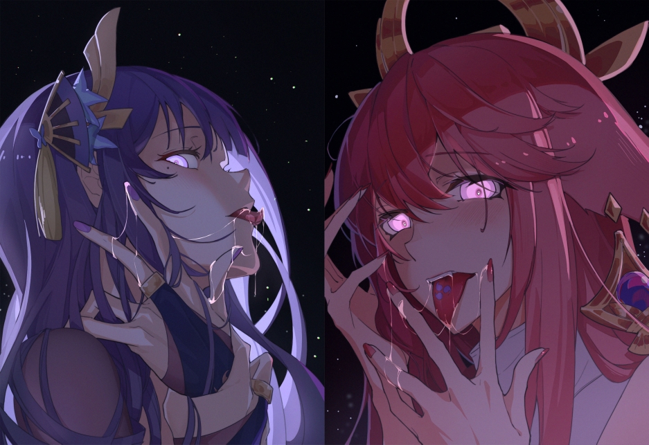 2girls, animal_ears, earrings, elbow_gloves, eyebrows_hidden_by_hair, femdom, fox_ears, fox_girl, genshin_impact, gloves, hair_between_eyes, jewelry, long_hair, looking_at_viewer, lusfseeds, multiple_girls, nail_polish, open_mouth, pink_eyes, pink_hair, purple_eyes, purple_hair, raiden_shogun, saliva, tongue, tongue_out, upper_body, yae_miko