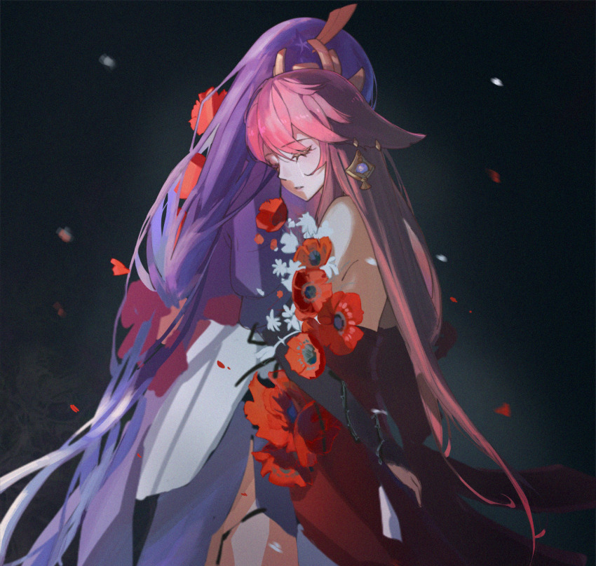 2girls, animal_ears, bare_shoulders, black_background, closed_eyes, falling_petals, flower, fox_ears