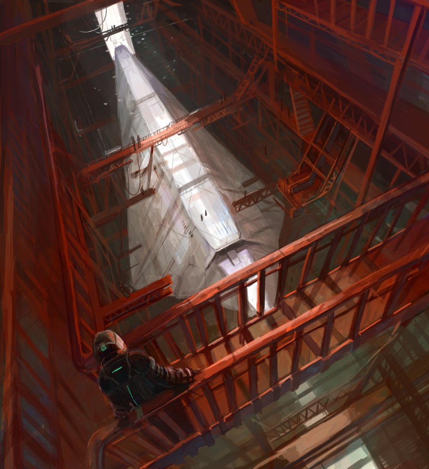 1boy, astronaut, bad_id, bad_pixiv_id, denchou, dutch_angle, grand_scale, hangar, highres, light_rays, male_focus, original, scenery, science_fiction, solo, spacecraft, sunbeam, sunlight