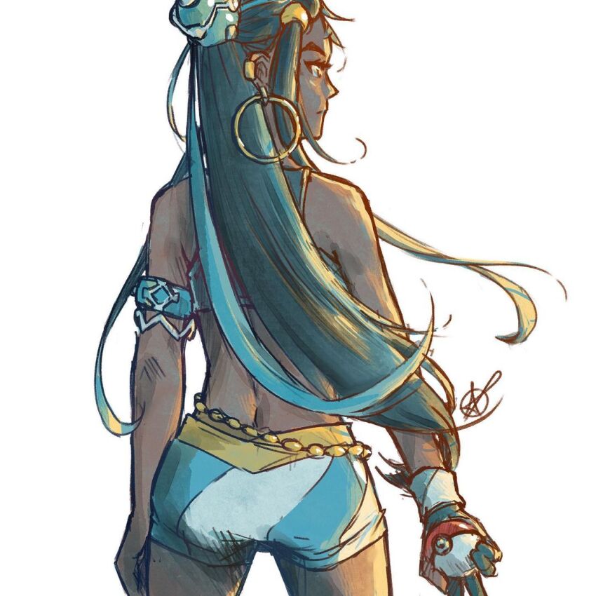 1girl, ass, bare_shoulders, black_hair, blue_hair, crop_top, dark-skinned_female, dark_skin, earrings, from_behind, gloves, heybinsu, jewelry, long_hair, nessa_(pokemon), nintendo, poke_ball, pokemon, pokemon_sword_and_shield, shorts, single_glove, swimsuit